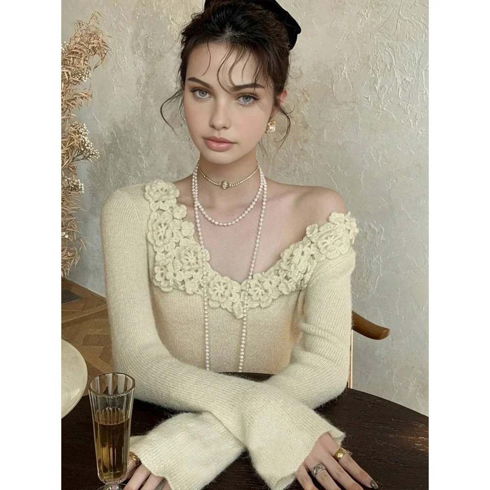 Commense Chic Cream Crochet Flower Trim V Neck Long Sleeve Crop Sweater Top L